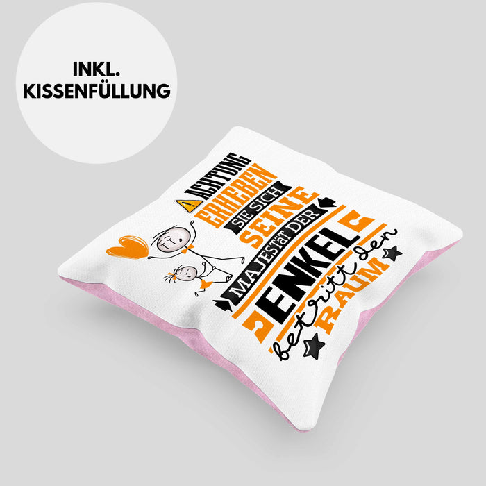 Enkel Geschenk Kissen mit Füllung 40x40 Lustiger Spruch Erheben Sie Sich Der Enkel Betritt den Raum (Grau) Rosa Trendation