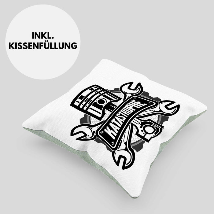 KFZ Mechaniker Kissen mit Füllung 40x40 Geschenk Spruch Männer KFZ Mechatroniker Geschenkidee Werkstatt Katastrophe (Grau) Grün Trendation