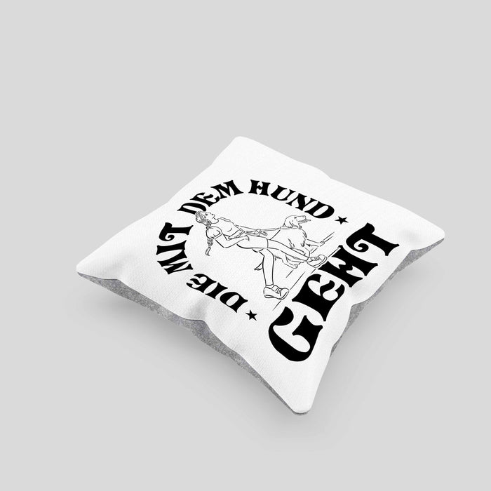 Die Mit Dem Hund Geht Kissen mit Füllung 40x40 Geschenk für Frauchen Hundebesitzerin Geschenkidee (Grau) Grau Trendation