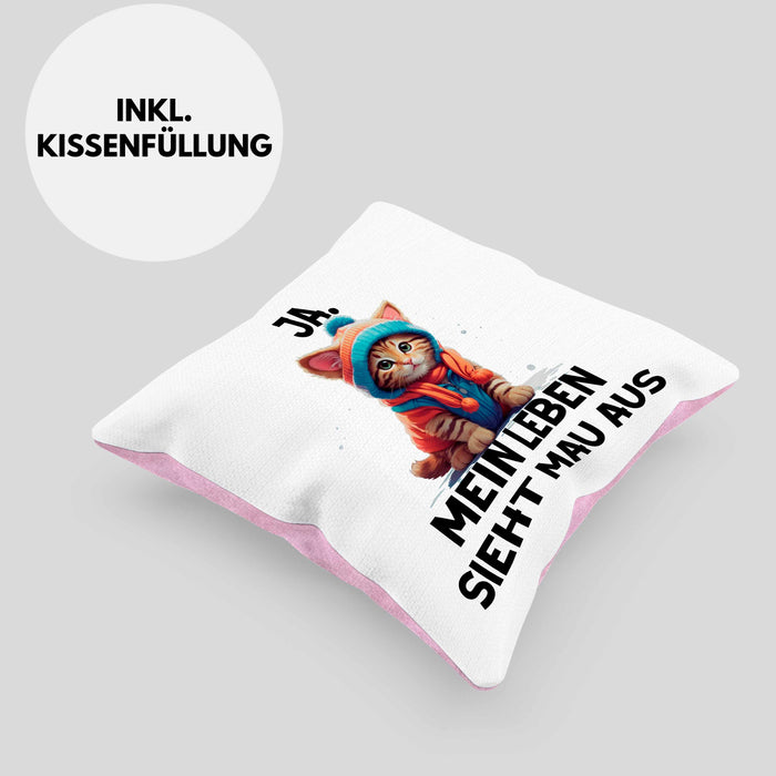 Dank Meme Kissen mit Füllung 40x40 Katzen Besitzer Wortspiel Ja Mein Leben Sieht Mau Aus Traurige Katze Geschenkidee Süße Katze (Grau) Rosa Trendation