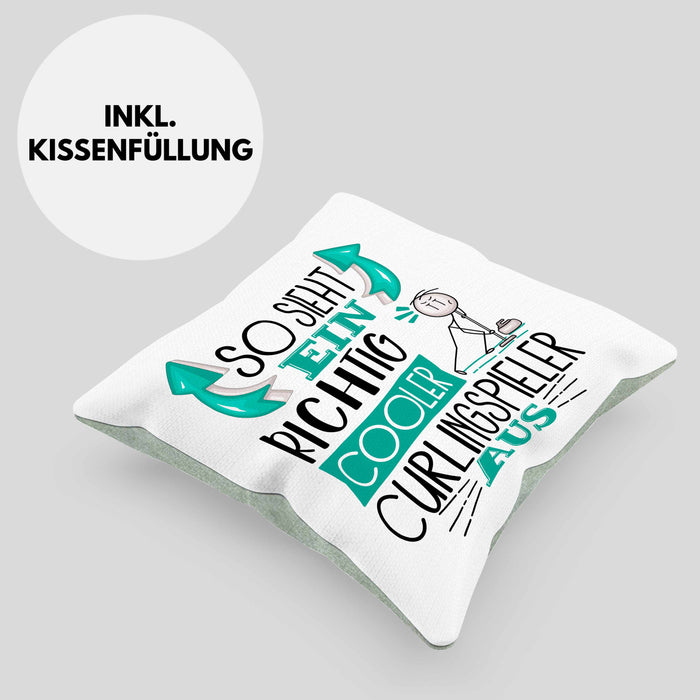 Curlingspieler Kissen mit Füllung 40x40 Geschenk So Sieht Ein RIchtig Cooler Curlingspieler Aus Geschenkidee Lustiger Spruch Geburtstag Curling Spieler (Grau) Grün Trendation