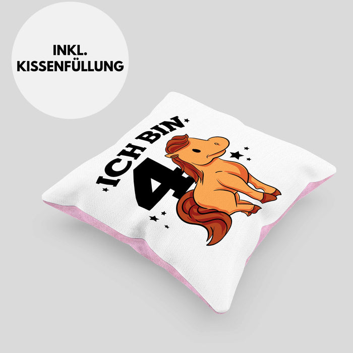 Lustige Kissen mit Füllung 40x40 4. Geburtstag für Mädchen Pferde-Motiv Pferdefans Reiterin (Grau) Rosa Trendation