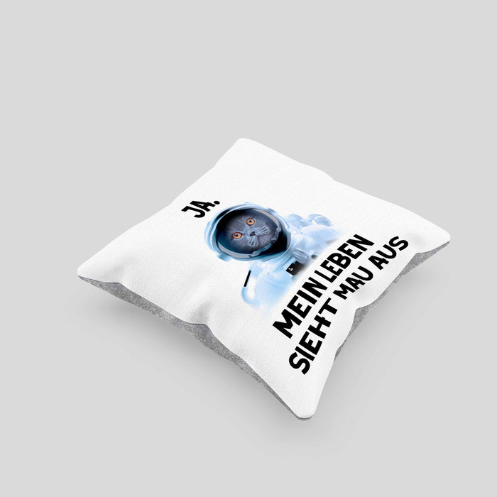 Dank Meme Kissen mit Füllung 40x40 Katzen Besitzer Wortspiel Ja Mein Leben Sieht Mau Aus Traurige Katze Geschenkidee Süße Katze Astronaut (Grau) Grau Trendation