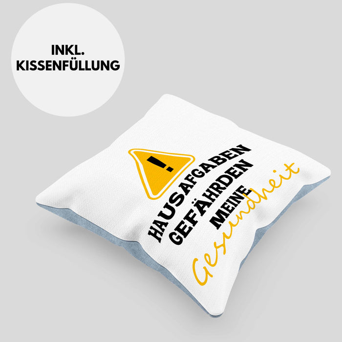 Lustige Kissen mit Füllung 40x40 "Hausaufgaben gefährden meine Gesundheit" Geschenk für Schüler (Grau) Blau Trendation