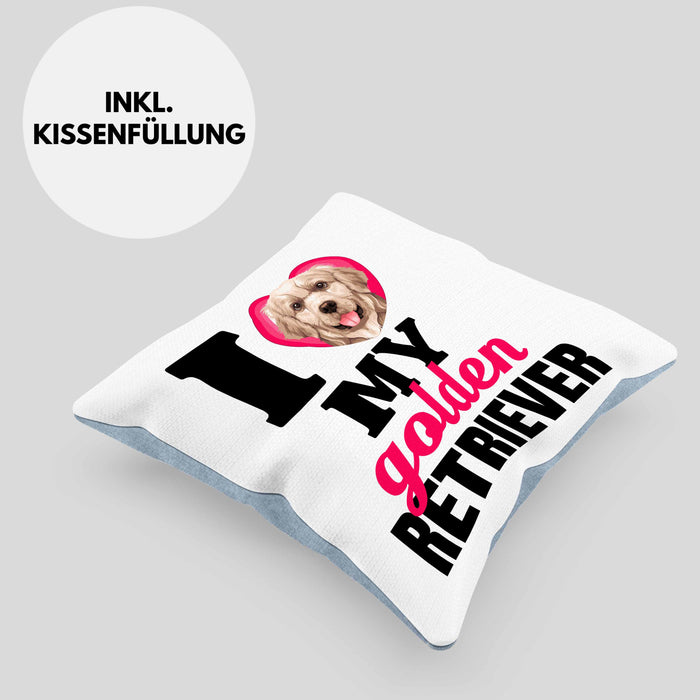 Golden Retriever Besitzerin Kissen mit Füllung 40x40 Geschenk Lustiger Spruch Geschenkidee I Love My Golden Retriever (Grau) Blau Trendation
