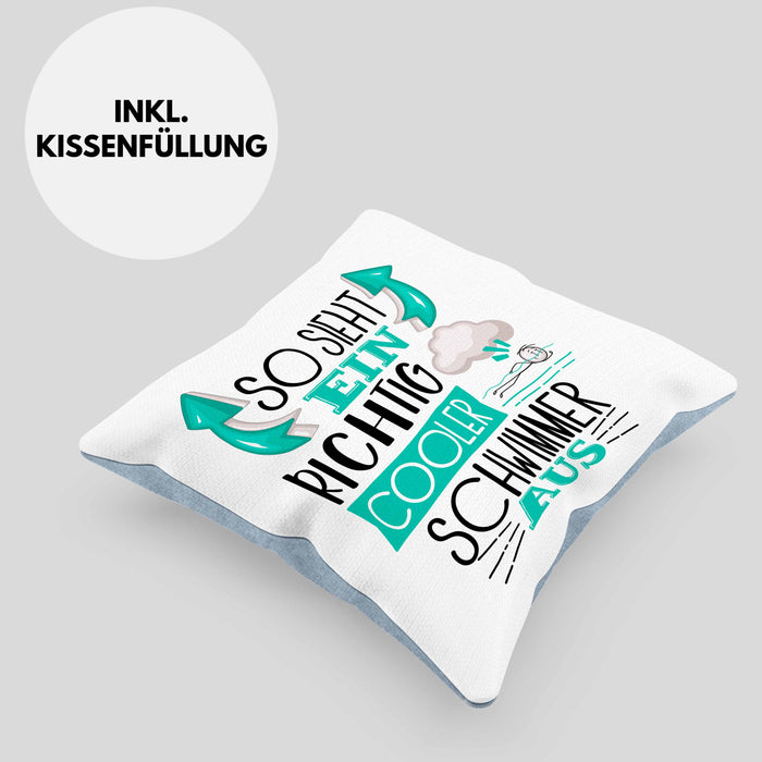 Schwimmer Kissen mit Füllung 40x40 Geschenk So Sieht Ein Richtig Cooler Schwimmer Aus Geschenkidee Spruch Lustig (Grau) Blau Trendation
