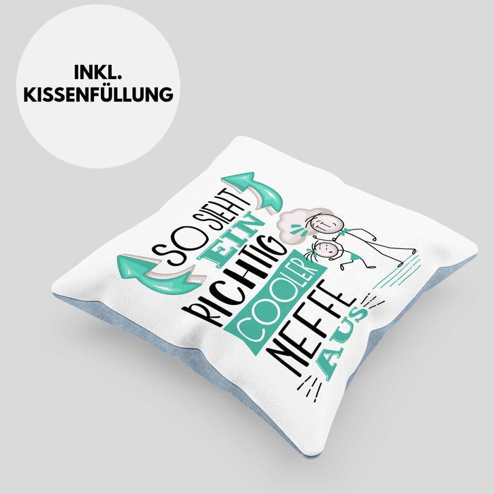 Neffe Kissen mit Füllung 40x40 Geschenk So Sieht Ein RIchtig Cooler Neffe Aus Geschenkidee Lustiger Spruch Geburtstag (Grau) Blau Trendation