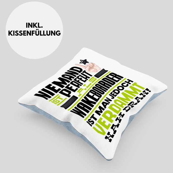 Wakeboarder Geschenk Kissen mit Füllung 40x40 Lustige Geschenkidee für Wakeboarder Geburtstag Niemand Ist Perfekt Aber Als Wakeboarder Ist Man Nah Dran (Grau) Blau Trendation