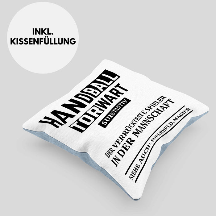 Handball Torwart Geschenk Kissen mit Füllung 40x40 Geschenkidee Handball-Spieler Handballspielerin Mädchen Jungs (Grau) Blau Trendation
