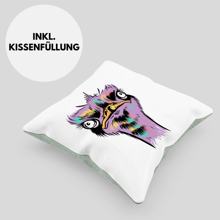 Lustige Strauß Vogel Kissen mit Füllung 40x40 Geschenk für Safari-Liebhaber (Grau) Grün Trendation