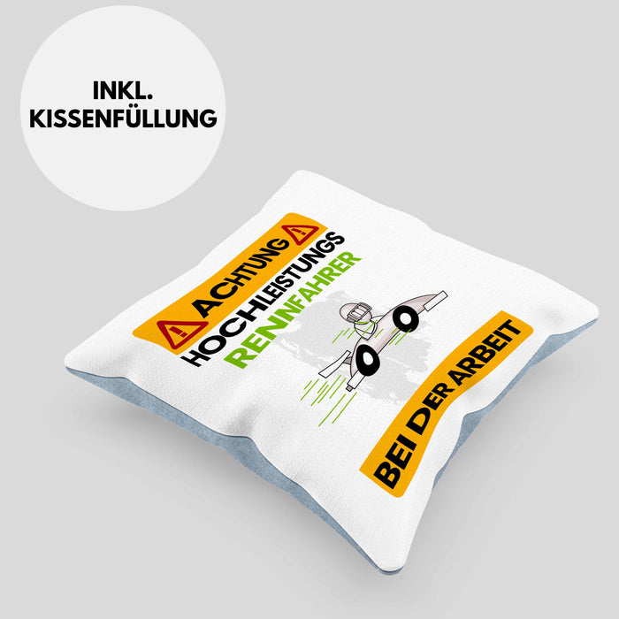 Rennfahrer Kissen mit Füllung 40x40 Geschenk Lustiger Spruch Geschenkidee für Rennfahrer Achtung Hochleistungs Rennfahrer Bei Der Arbeit (Grau) Blau Trendation