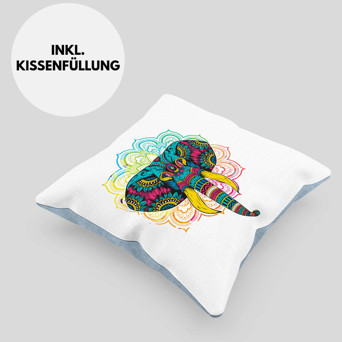 Elefant Kissen mit Füllung 40x40 Geschenk Für Elefanten-Liebhaber Geschenkidee Mandala Bunt (Grau) Blau Trendation