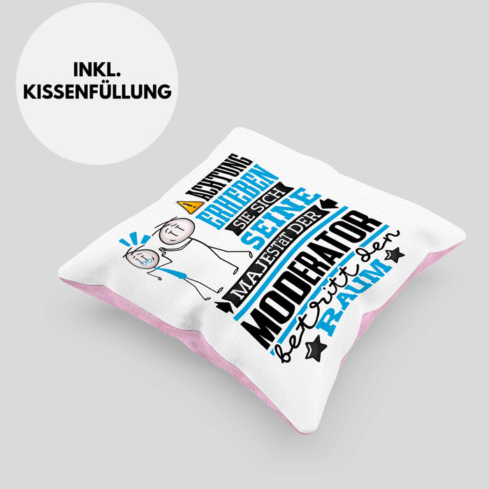 Moderator Geschenk Kissen mit Füllung 40x40 Lustiger Spruch Erheben Sie Sich Der Moderator Betritt den Raum (Grau) Rosa Trendation