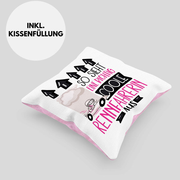 Rennfahrerin Geschenk Kissen mit Füllung 40x40 Lustig Geschenkidee für Rennfahrerin Geburtstag So Sieht Eine Richtig Coole Rennfahrerin Aus Frauen Spruch (Grau) Rosa Trendation