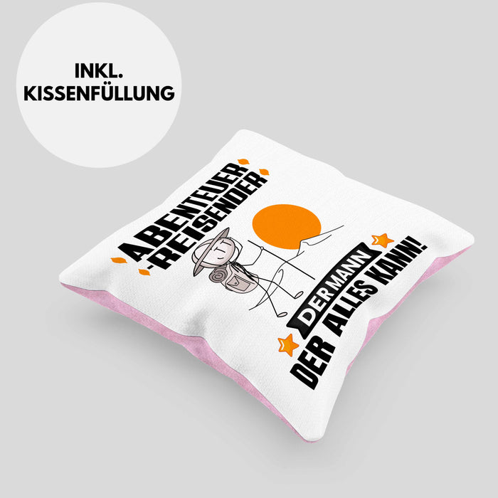 Abenteurreisender Kissen mit Füllung 40x40 Geschenk für Abenteurreisender Der Mann Der Alles Kann Geschenkidee zum Geburtstag (Grau) Rosa Trendation