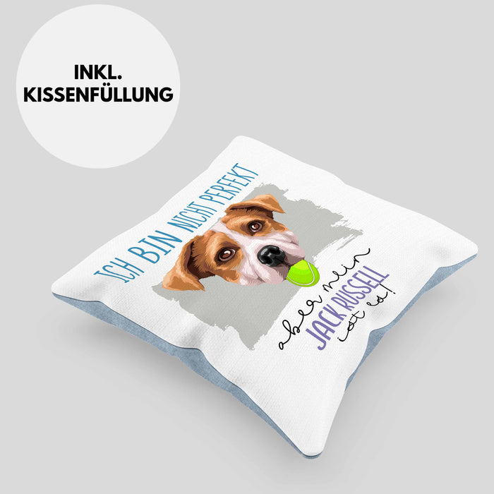 Jack Russell Besitzer Kissen mit Füllung 40x40 Geschenk Lustiger Spruch Geschenkidee Besitzerin Ich Bin Nicht toll Aber Mein Jack Russell Ist Es (Grau) Blau Trendation