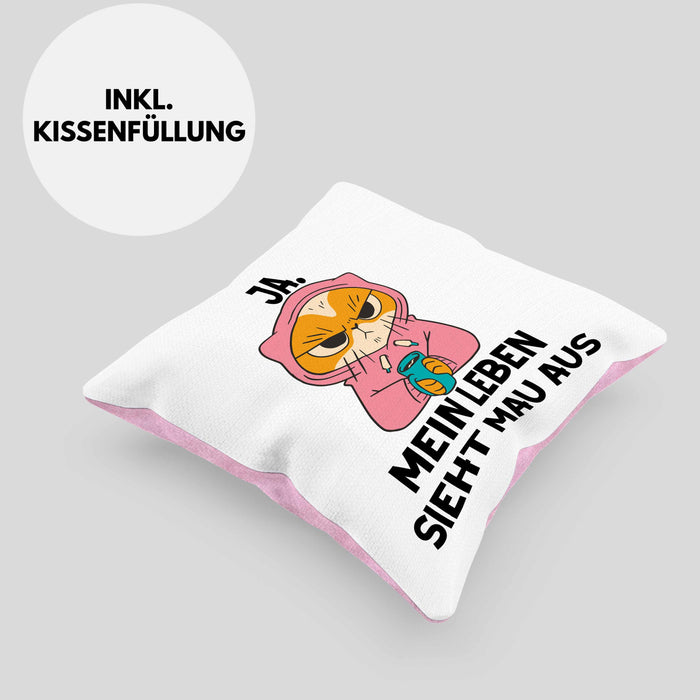 Dank Meme Kissen mit Füllung 40x40 Katzen Besitzer Wortspiel Ja Mein Leben Sieht Mau Aus Traurige Katze Geschenkidee Saure Katze Astronaut (Grau) Rosa Trendation