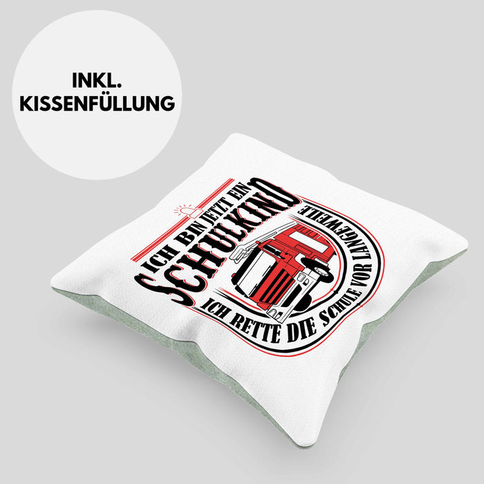 Einschulung Geschenk Jungs Kissen mit Füllung 40x40 Ich Bin Jetzt Ein Schulkind Ich Rette Die Schule Vor Langeweiele 1. Schultag Geschenkidee (Grau) Grün Trendation