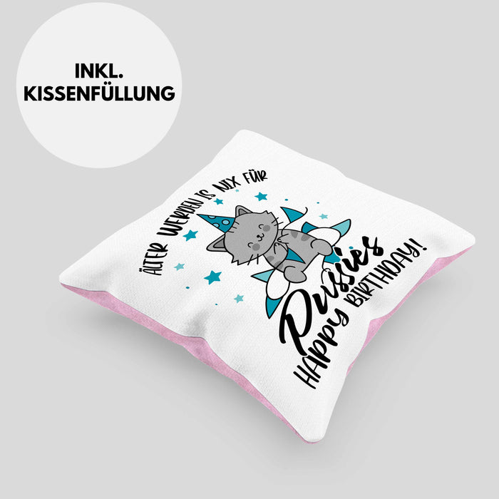 Geburtstag Kissen mit Füllung 40x40 Geschenk Lustiger Spruch Männer Frauen Älter Werden Ist Nichts Für Puss*** Happy Birthday (Grau) Rosa Trendation