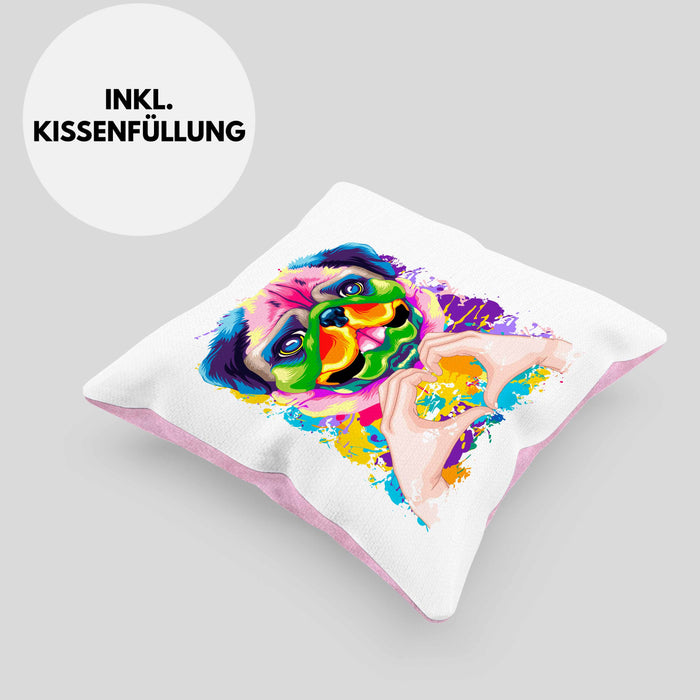 Mops Besitzer Farbe Love Kissen mit Füllung 40x40 Geschenk Lustiger Spruch Geschenkidee Mops Besitzerin (Grau) Rosa Trendation