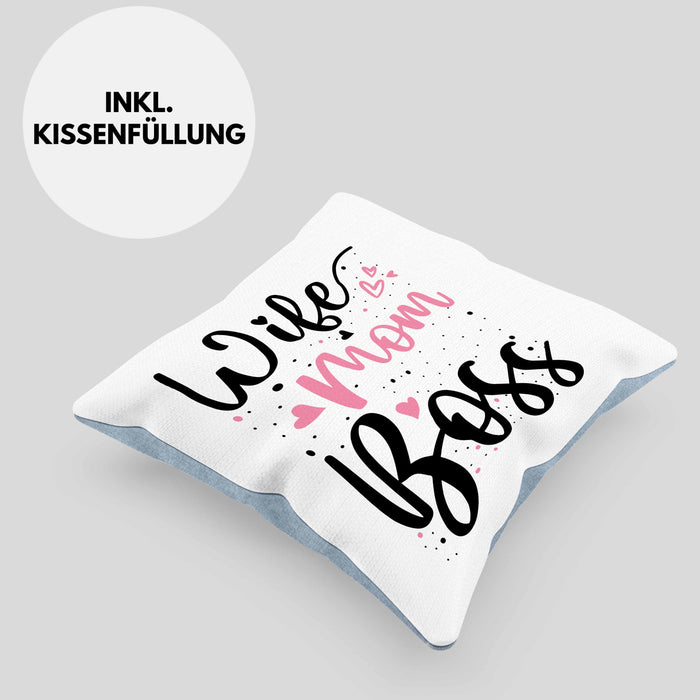 Wife Mom Boss Kissen mit Füllung 40x40 Geschenk Mutter Mama zum Muttertag Muttertagsgeschenk (Grau) Blau Trendation