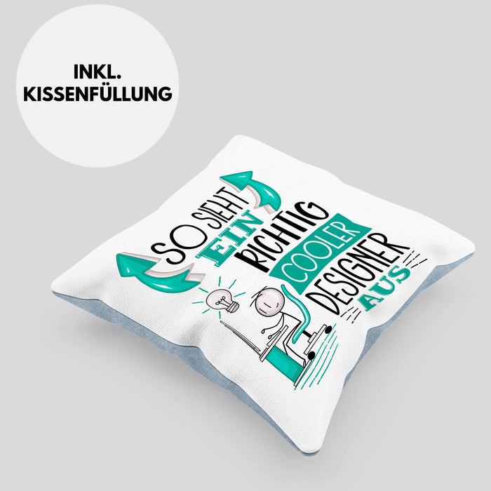 Designer Kissen mit Füllung 40x40 Geschenk So Sieht Ein RIchtig Cooler Designer Aus Geschenkidee Lustiger Spruch Geburtstag (Grau) Blau Trendation