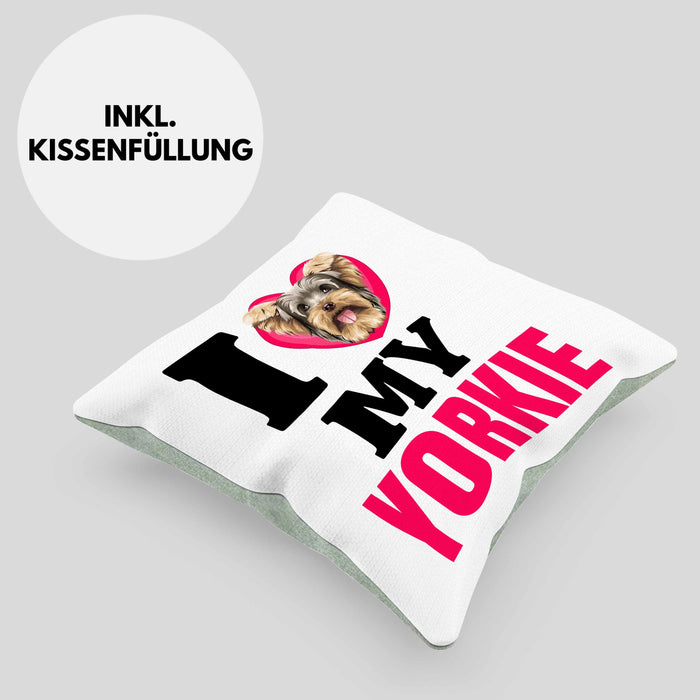 Yorkie Besitzerin Kissen mit Füllung 40x40 Geschenk Lustiger Spruch Geschenkidee I Love My Yorkie (Grau) Grün Trendation