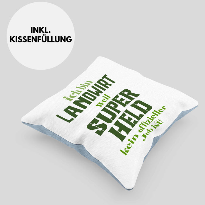 Landwirt Geschenk Kissen mit Füllung 40x40 Landwirtschaft Geschenke für Männer Traktor Spruch Superheld (Grau) Blau Trendation