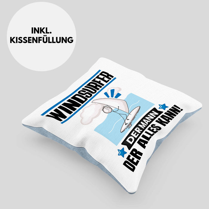 Windsurfer Kissen mit Füllung 40x40 Geschenk für Windsurfer Der Mann Der Alles Kann Geschenkidee zum Geburtstag (Grau) Blau Trendation