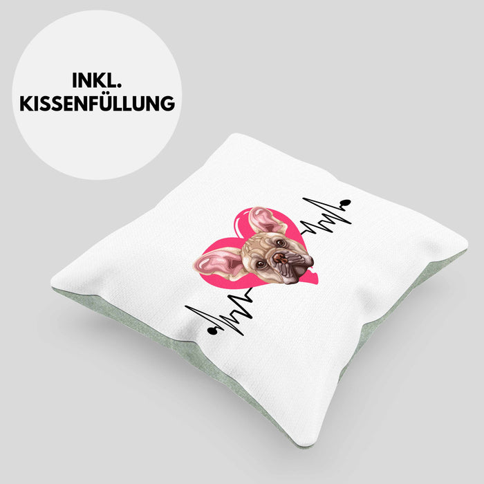 Französische Bulldogge Besitzer Kissen mit Füllung 40x40 Geschenk Lustiger Spruch Geschenkidee Herzschlag Französische Bulldogge (Grau) Grün Trendation