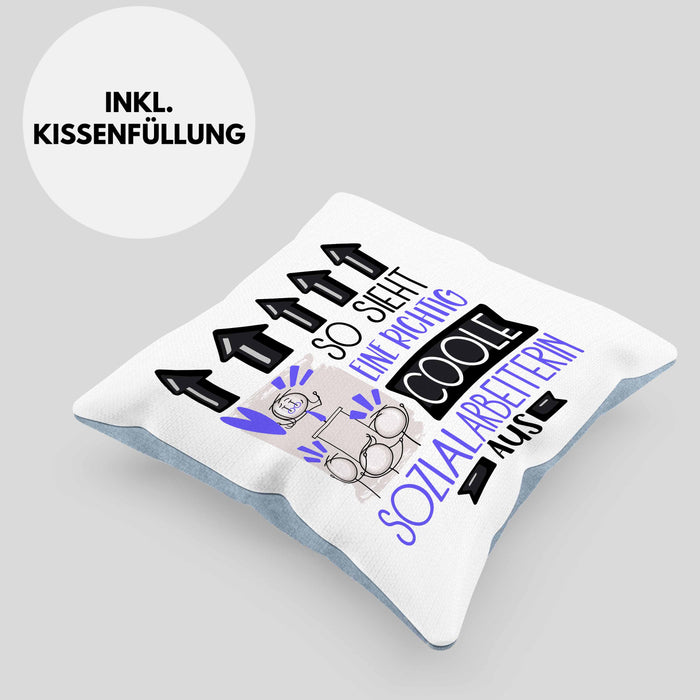 Sozialarbeiterin Geschenk Kissen mit Füllung 40x40 Geschenkidee für Sozialarbeiterin Geburtstag Weihnachten Spruch So Sieht Eine Richtig Coole Sozialarbeiterin Aus (Grau) Blau Trendation
