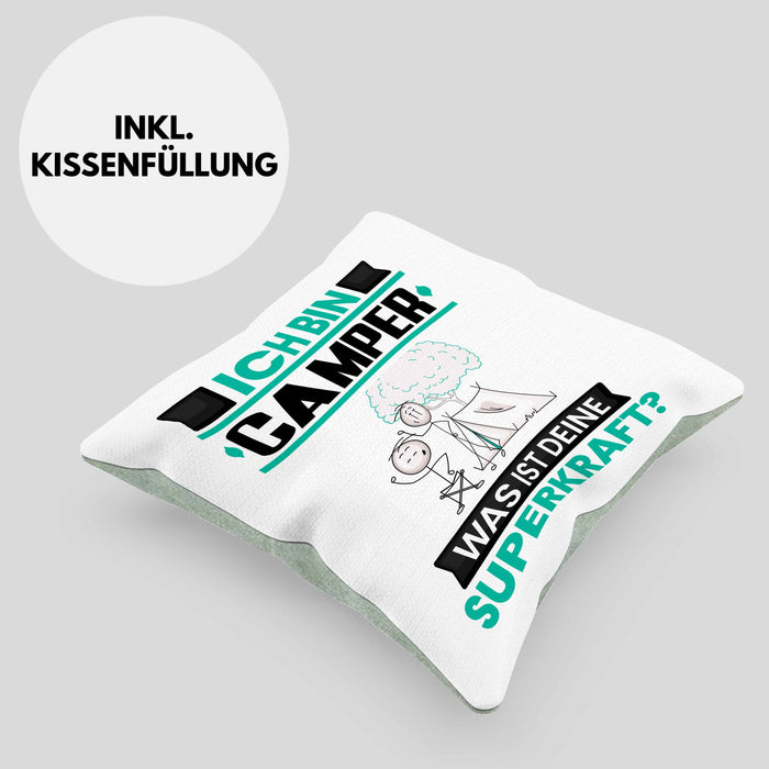 Camper Kissen mit Füllung 40x40 Geschenk für Camper Geburtstag Lustiger Spruch Was Ist Deine Superkraft (Grau) Grün Trendation