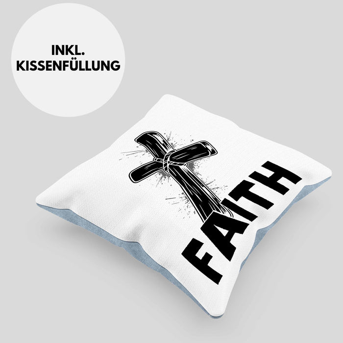 Faith Kissen mit Füllung 40x40 Geschenk Jesus Glauben Geschenkidee Kirche Ostern Christentum Häferl (Grau) Blau Trendation