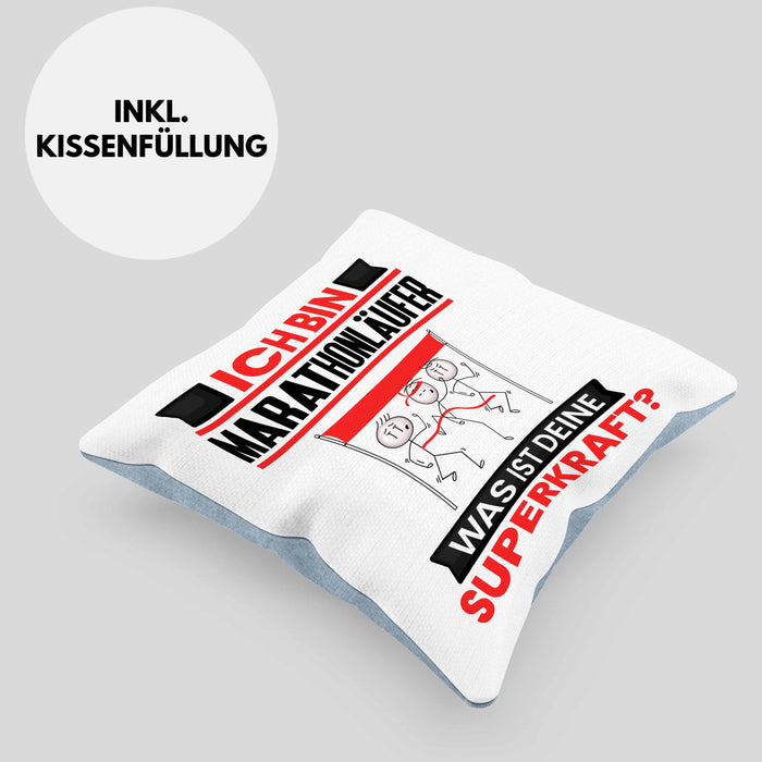 Marathonläufer Kissen mit Füllung 40x40 Geschenk für Marathonläufer Geburtstag Lustiger Spruch Was Ist Deine Superkraft (Grau) Blau Trendation