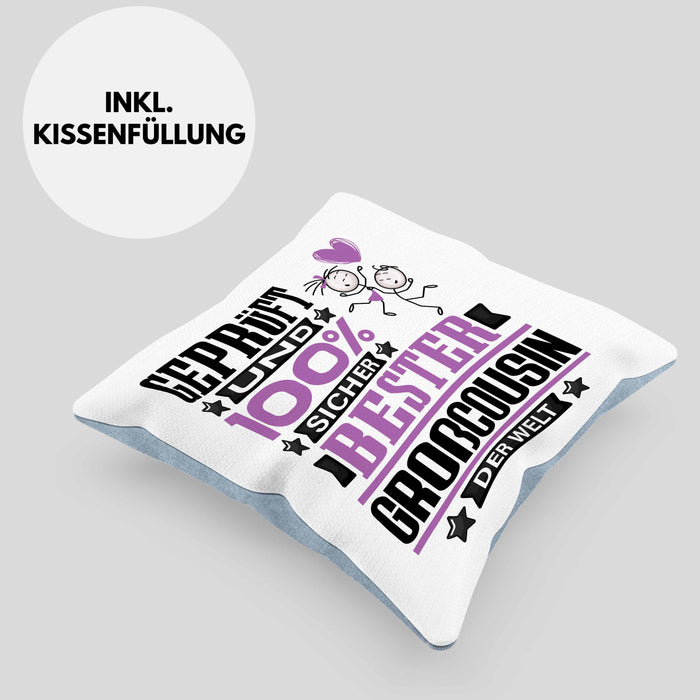 Großcousin Geschenk Lustiger Spruch für Großcousin Geschenkidee Bester Großcousin Der WeltKissen mit Füllung 40x40 (Grau) Blau Trendation