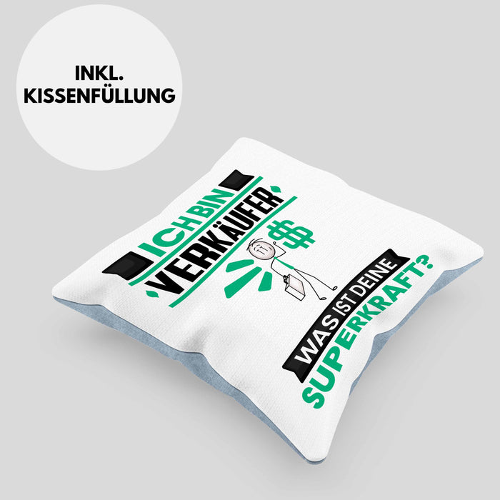 Verkäufer Kissen mit Füllung 40x40 Geschenk für Verkäufer Geburtstag Lustiger Spruch Was Ist Deine Superkraft (Grau) Blau Trendation