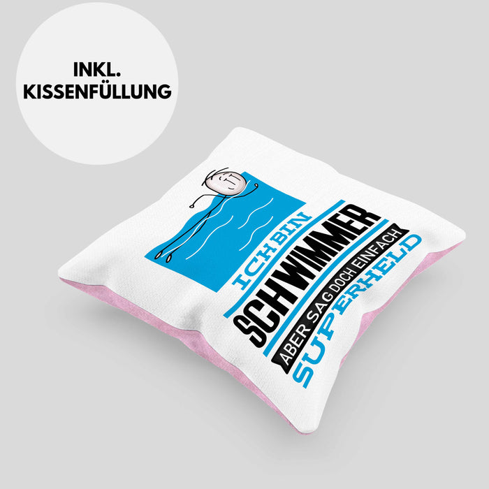 Schwimmer Geschenk Kissen mit Füllung 40x40 Ich Bin Schwimmer Aber Sag Doch Einfach Superheld Lustige Geschenkdiee für Schwimmer (Grau) Rosa Trendation