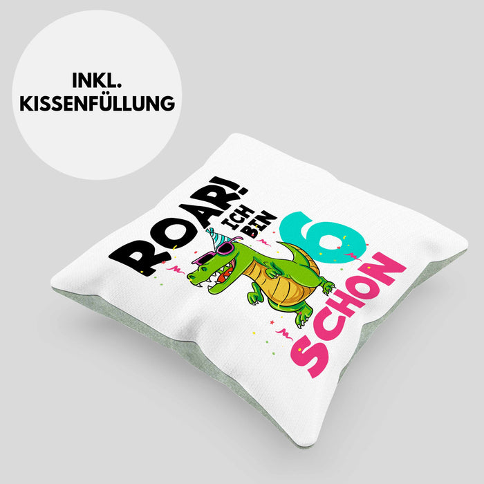 6. Geburtstag Kissen mit Füllung 40x40 Geschenk Lustiger Spruch Roar Ich Bin Schon 6 Dinosaurier Geschenkidee Geburtstag (Grau) Grün Trendation