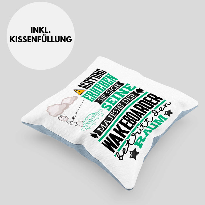 Wakeboarder Geschenk Kissen mit Füllung 40x40 Lustiger Spruch Erheben Sie Sich Der Wakeboarder Betritt den Raum (Grau) Blau Trendation