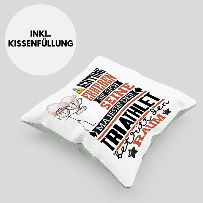 Triathlet Geschenk Kissen mit Füllung 40x40 Lustiger Spruch Erheben Sie Sich Der Triathlet Betritt den Raum (Grau) Grün Trendation