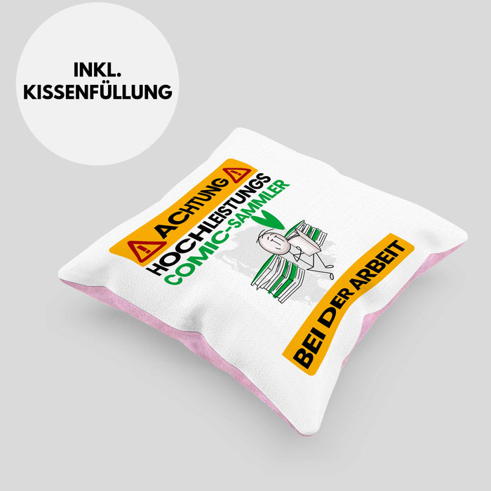 Comic-Sammler Kissen mit Füllung 40x40 Geschenk Lustiger Spruch Geschenkidee für Comic-Sammler Achtung Hochleistungs Comic-Sammler Bei Der Arbeit (Grau) Rosa Trendation