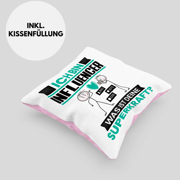 Influencer Kissen mit Füllung 40x40 Geschenk für Influencer Geburtstag Lustiger Spruch Was Ist Deine Superkraft (Grau) Rosa Trendation
