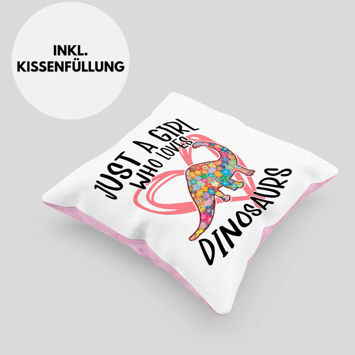 Just A Girl Who Loves Dinosaurs Kissen mit Füllung 40x40 Geschenk Mädchen Dinos Geschenkidee (Grau) Rosa Trendation
