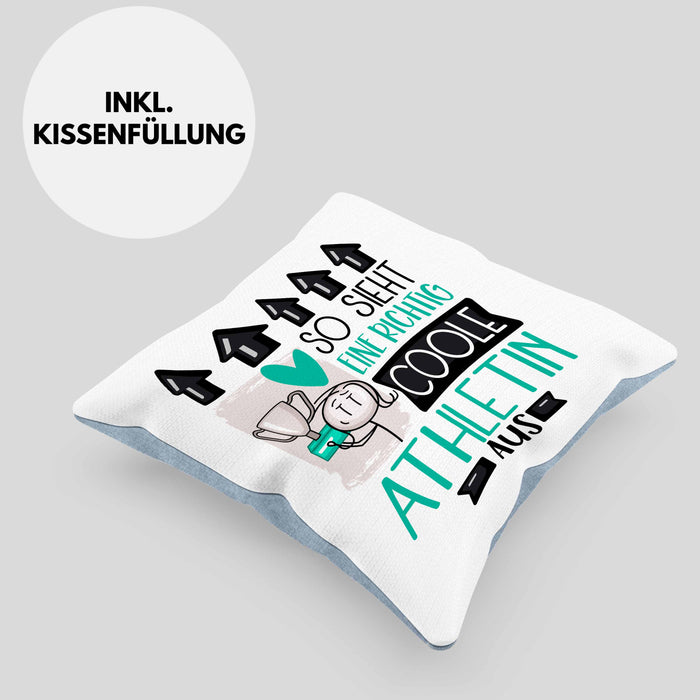 Athletin Geschenk Kissen mit Füllung 40x40 Lustig Geschenkidee für Athletin Geburtstag So Sieht Eine Richtig Coole Athletin Aus Frauen Spruch (Grau) Blau Trendation