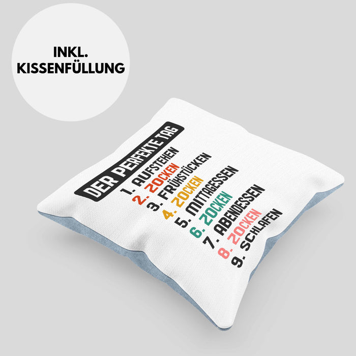 Zocker Gamer Kissen mit Füllung 40x40 mit Spruch Geschenk Junge Jungs Gaming Der Perfekte Tag (Grau) Blau Trendation