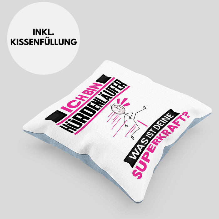 Hürdenläufer Kissen mit Füllung 40x40 Geschenk für Hürdenläufer Geburtstag Lustiger Spruch Was Ist Deine Superkraft (Grau) Blau Trendation