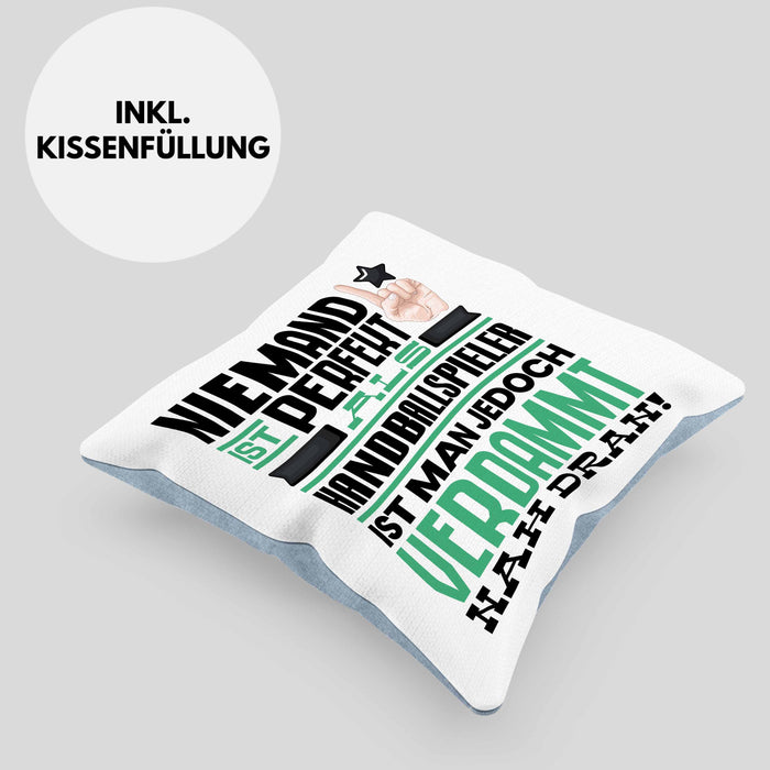 Handballspieler Geschenk Kissen mit Füllung 40x40 Lustige Geschenkidee für Handballspieler Geburtstag Niemand Ist Perfekt Aber Als Handballspieler Ist Man Nah Dran (Grau) Blau Trendation
