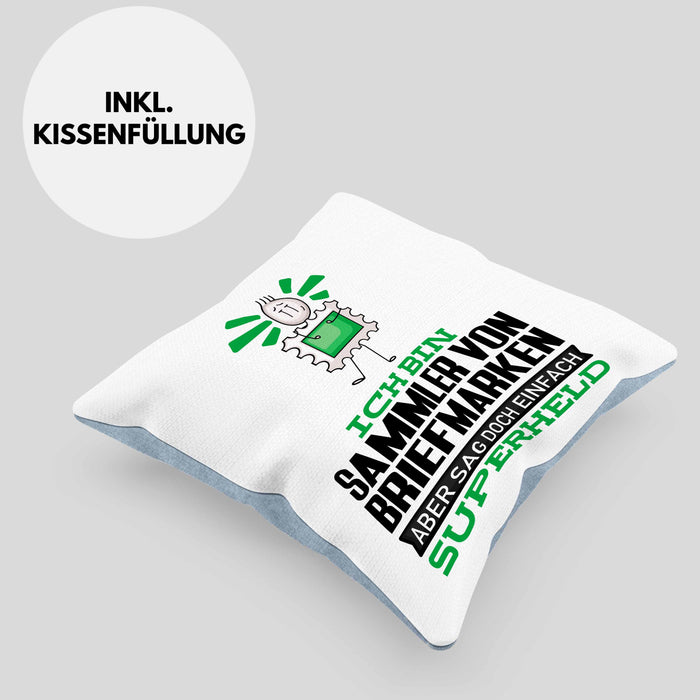 SammlervonBriefmarken Geschenk Kissen mit Füllung 40x40 Ich Bin SammlervonBriefmarken Aber Sag Doch Einfach Superheld Lustige Geschenkdiee für SammlervonBriefmarken (Grau) Blau Trendation
