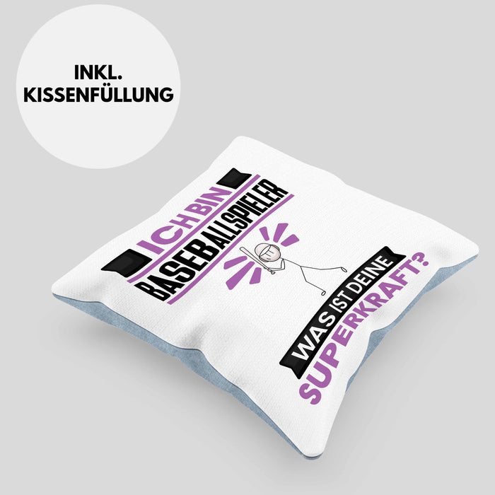 Baseballspieler Kissen mit Füllung 40x40 Geschenk für Baseballspieler Geburtstag Lustiger Spruch Was Ist Deine Superkraft (Grau) Blau Trendation