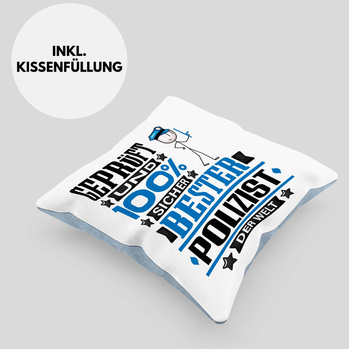 Polizist Geschenk Lustiger Spruch für Polizist Geschenkidee Bester Polizist Der WeltKissen mit Füllung 40x40 (Grau) Blau Trendation